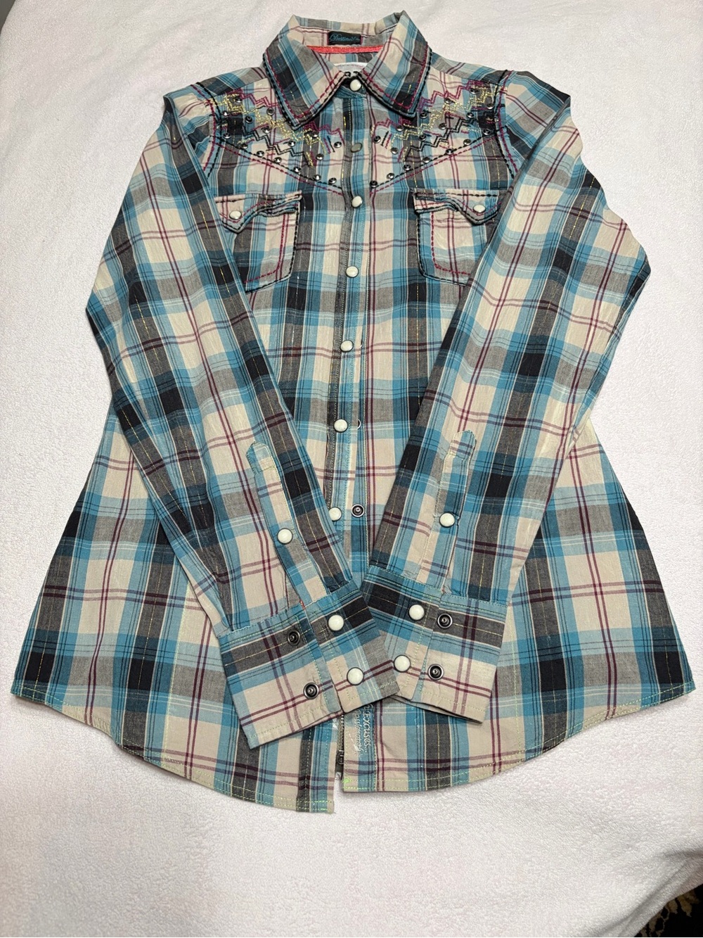 Embellished Plaid Snap-Front Western Shirt in Blue with Cream - Picture 2 of 14